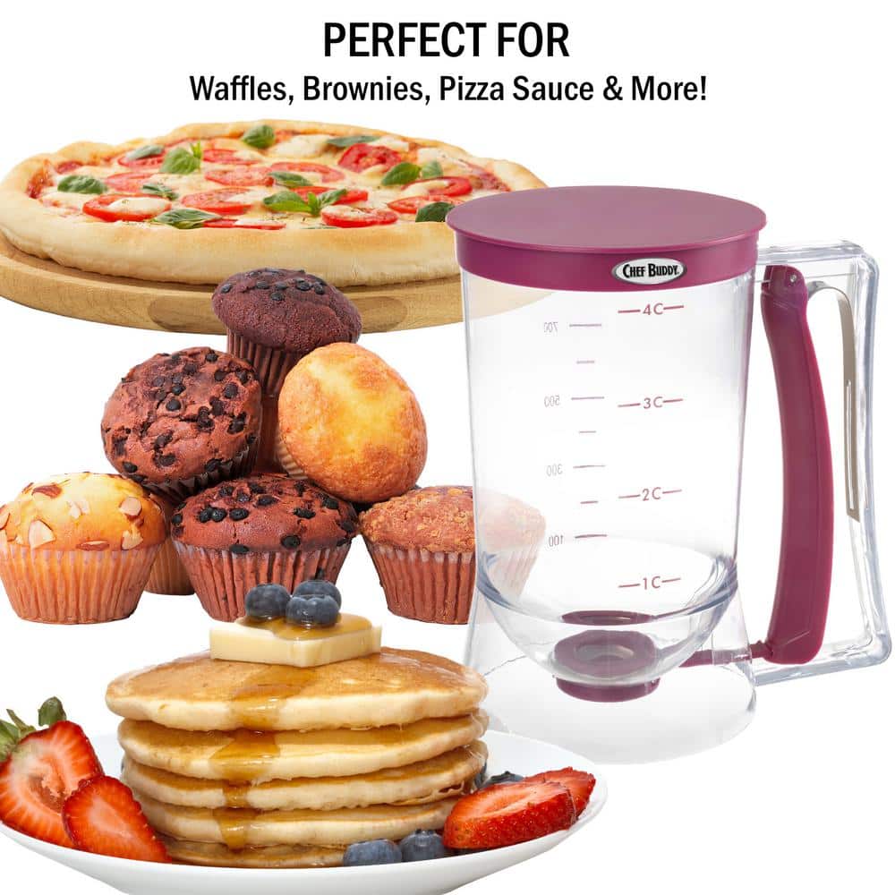 Purple 4-Cup Plastic Pancake Batter Dispenser with Squeeze Handle