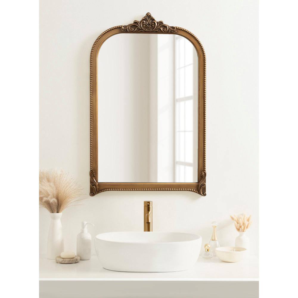 Hubanks 24"x38" Gold Arched Wall Mirror with Ornate Frame