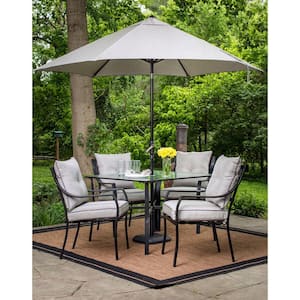 Lavallette Black Steel 5-Piece Outdoor Dining Set with Umbrella, Base and Silver Linings Cushions
