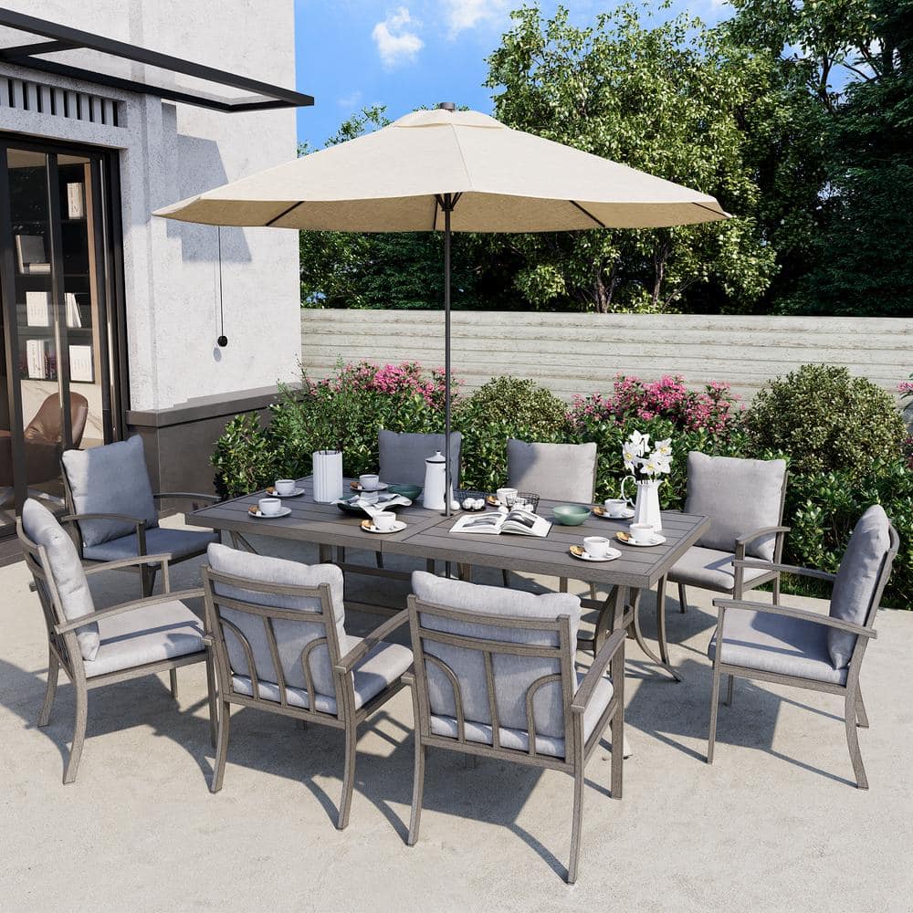 Gray Aluminum 9-Piece Outdoor Dining Set with Cushions
