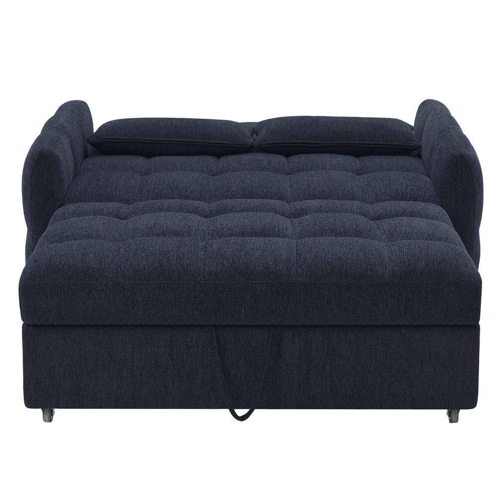 Front view of the blue chenille sofa fully extended into a bed.