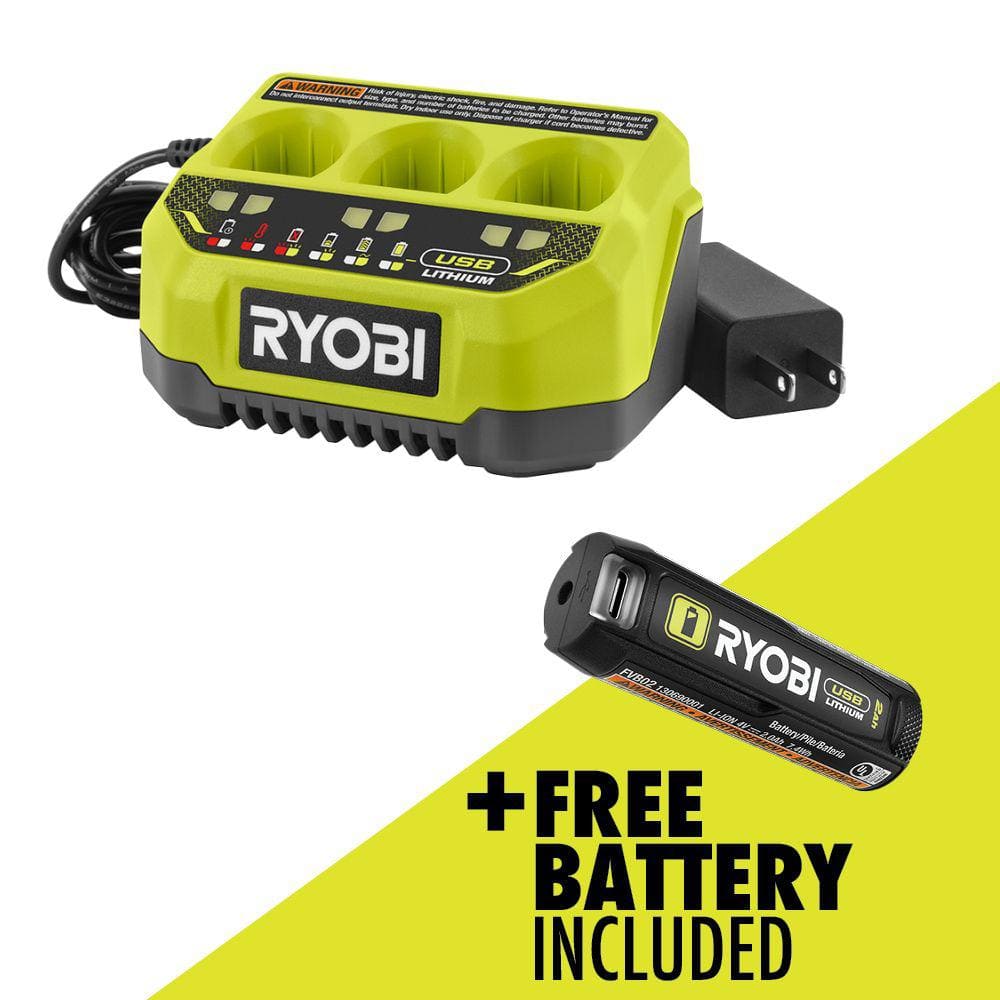 RYOBI USB Lithium 3-Port Charger with USB Lithium 2.0 Ah Lithium Rechargeable Battery