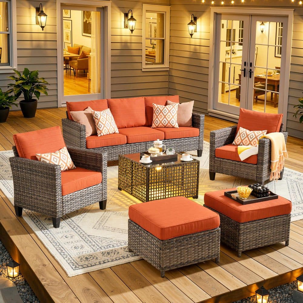 Positano Gray 6-Piece Wicker Patio Conversation Set with Black Cushions and Solar LED Coffee Table price history on PriceWatchPro