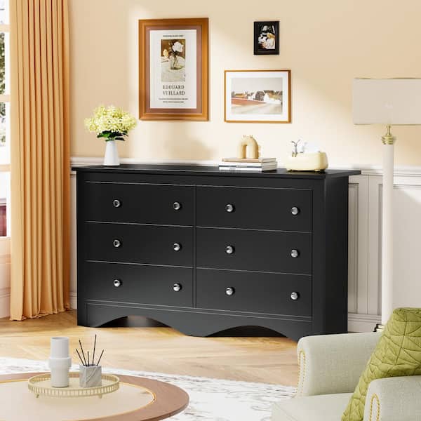 Creaser 52 in. Black MDF Dresser for Bedroom, Wide Chest of Drawers with 6 Wood Dresser Drawers