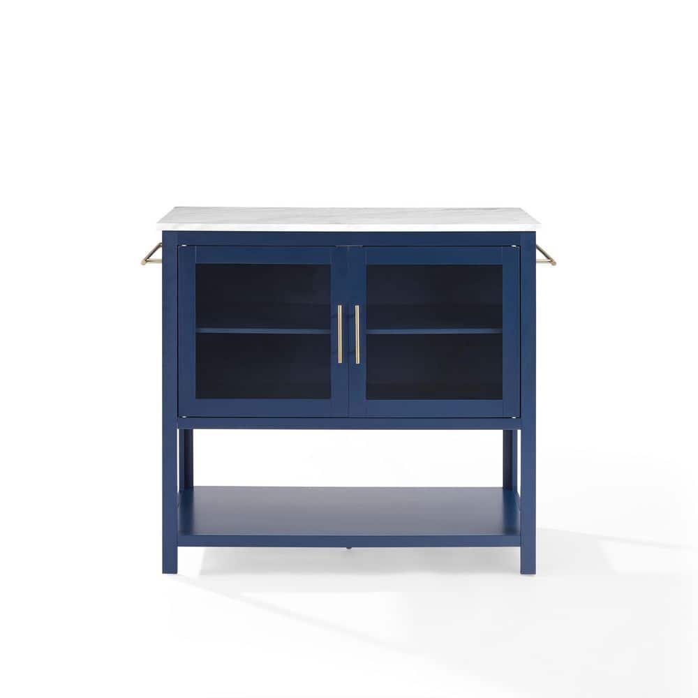 Navy Kitchen Island with Faux Marble Top and Glass Doors