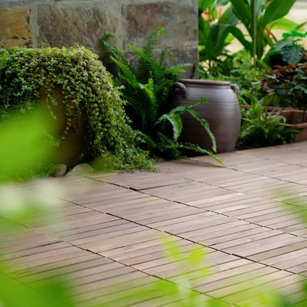 Brown 12 in. x 12 in. x 0.75 in. Wood Striped Interlocking Floor Tiles, Deck Tiles, Garage Flooring(10 sq. ft.)