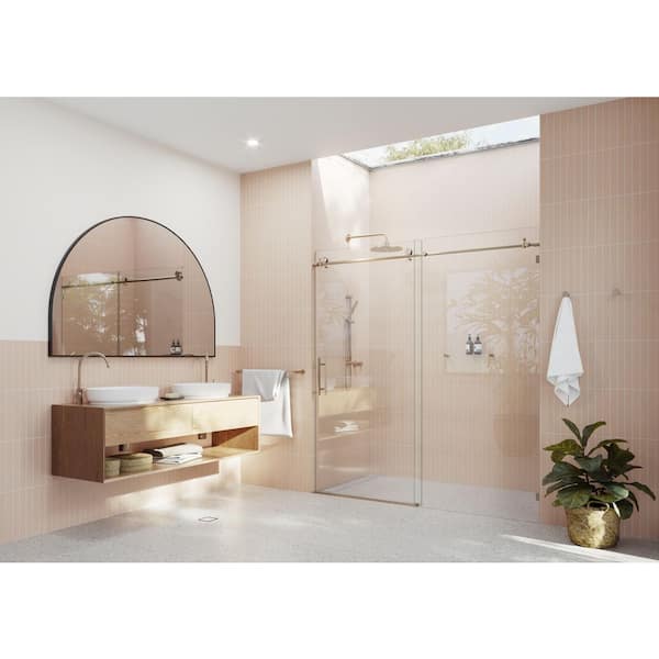 Eclipse 64 in. to 68 in. W x 78 in. H Frameless Sliding Shower Door in Brushed Bronze with Handle