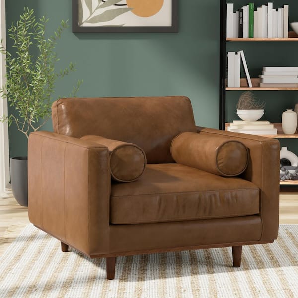 Simpli Home Morrison 42 in. Wide Rectangle Genuine Leather Arm