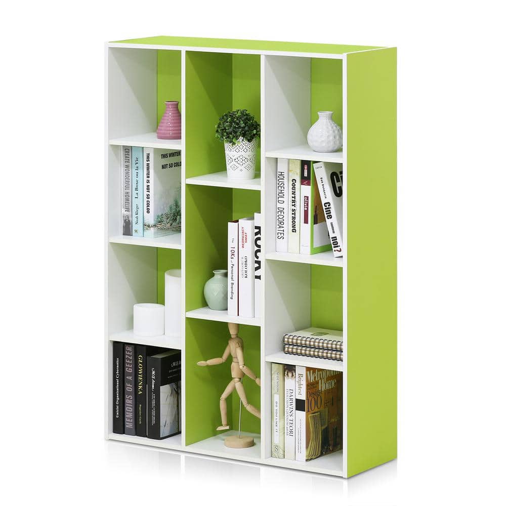 Contemporary White & Light Green Wood 11-Cube Kids Storage Shelf