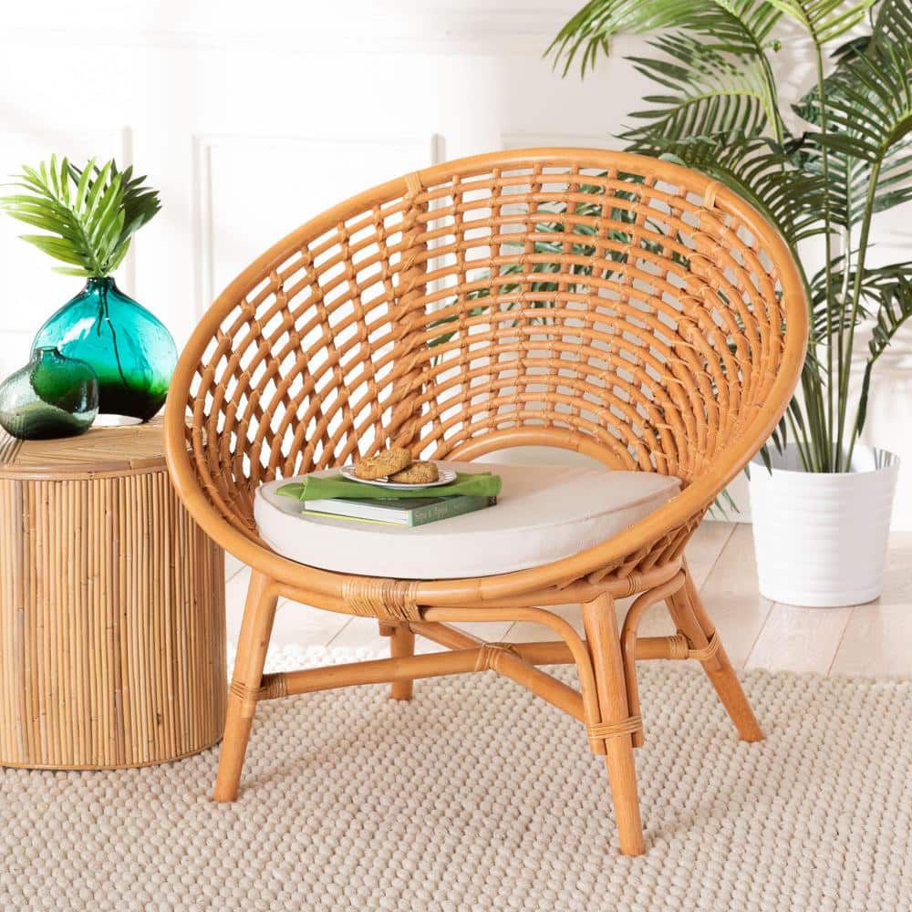 Handcrafted Natural Rattan Bohemian Accent Chair with White Cushion