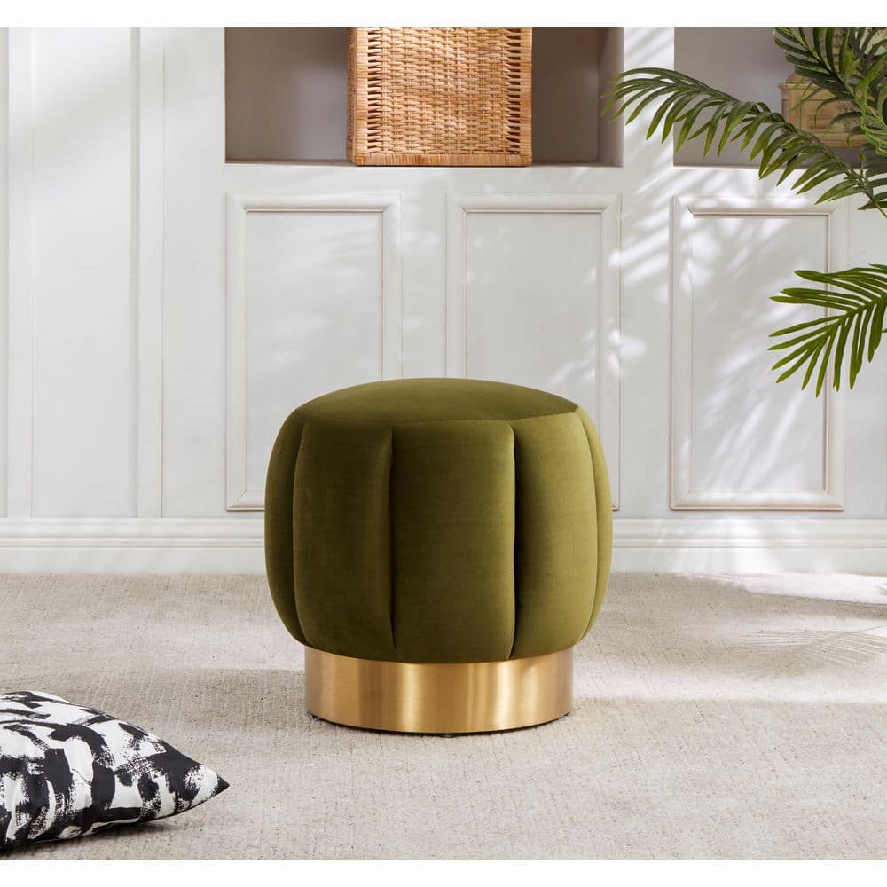 Maxine Olive Velvet Round Accent Small Ottoman