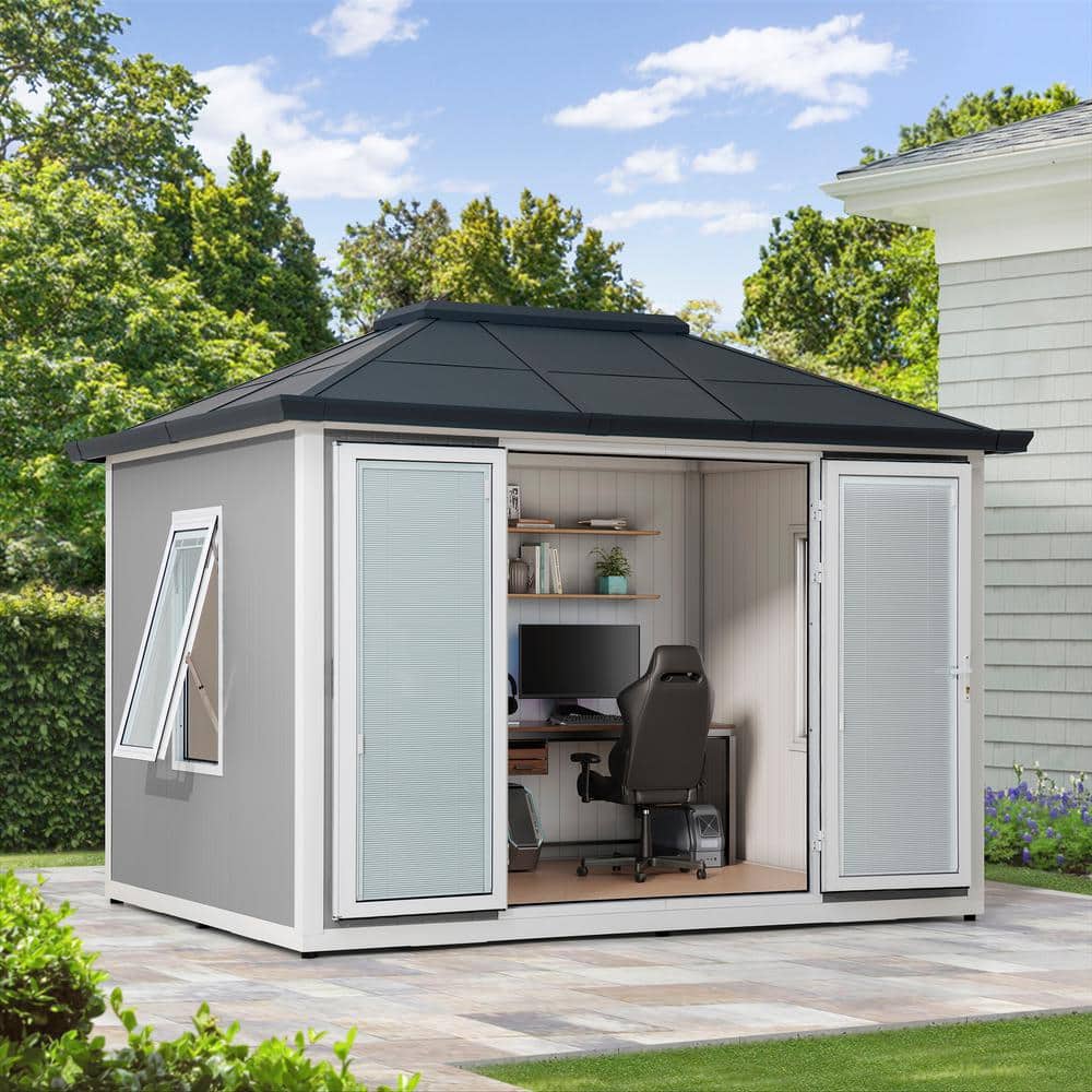 Sunjoy Gray 10' x 12' Outdoor Office Shed with Windows