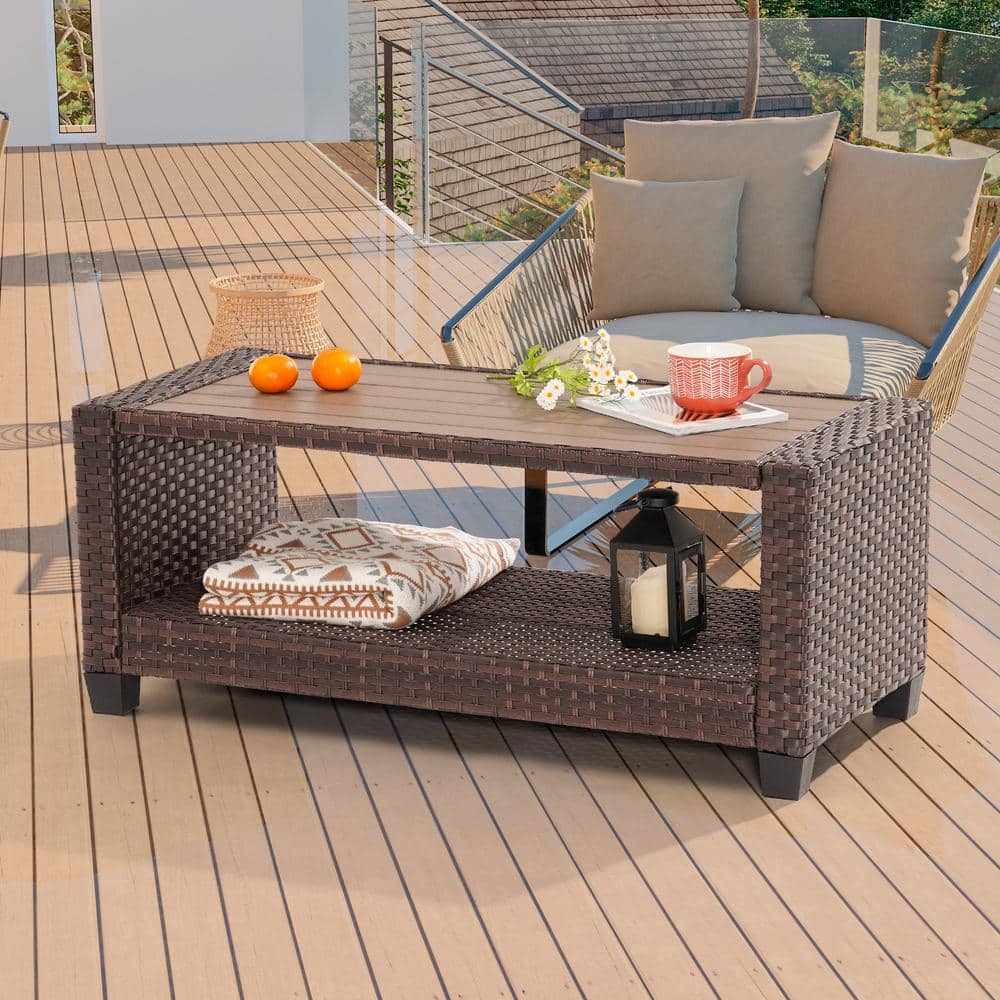 Sonkuki Outdoor PE Brown Wicker Coffee Table, Rectangular Water-Proof ...