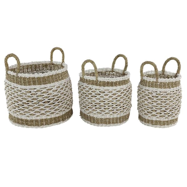 Litton Lane Brown Plastic Boho Storage Basket 18 in., 17 in., and 16 in. (Set of 3)