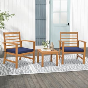 3-Piece Acacia Wood Patio Conversation Set with Soft Seat Navy Cushions, Humanized Design
