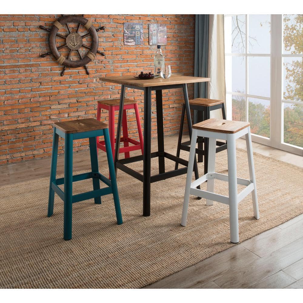 Red and Natural Pine Wood Backless Bar Stool with Metal Frame