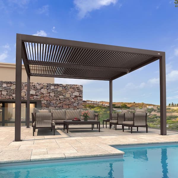 PURPLE LEAF 11 ft. x 13 ft. Bronze Aluminum Frame Outdoor Louvered Pergola Hardtop Gazebo with Adjustable Roof for Garden Backyard