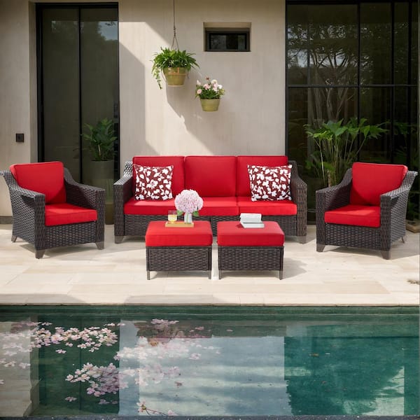 Gardenbee 5-Piece Wicker Outdoor Patio Conversation Set Sectional Sofa and Ottomans with Red Cushions