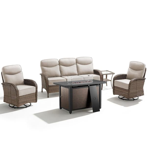 High Crescent 5-Piece Brown Wicker Patio Conversation Set with Beige Cushions and Split-type Fire Pit Table