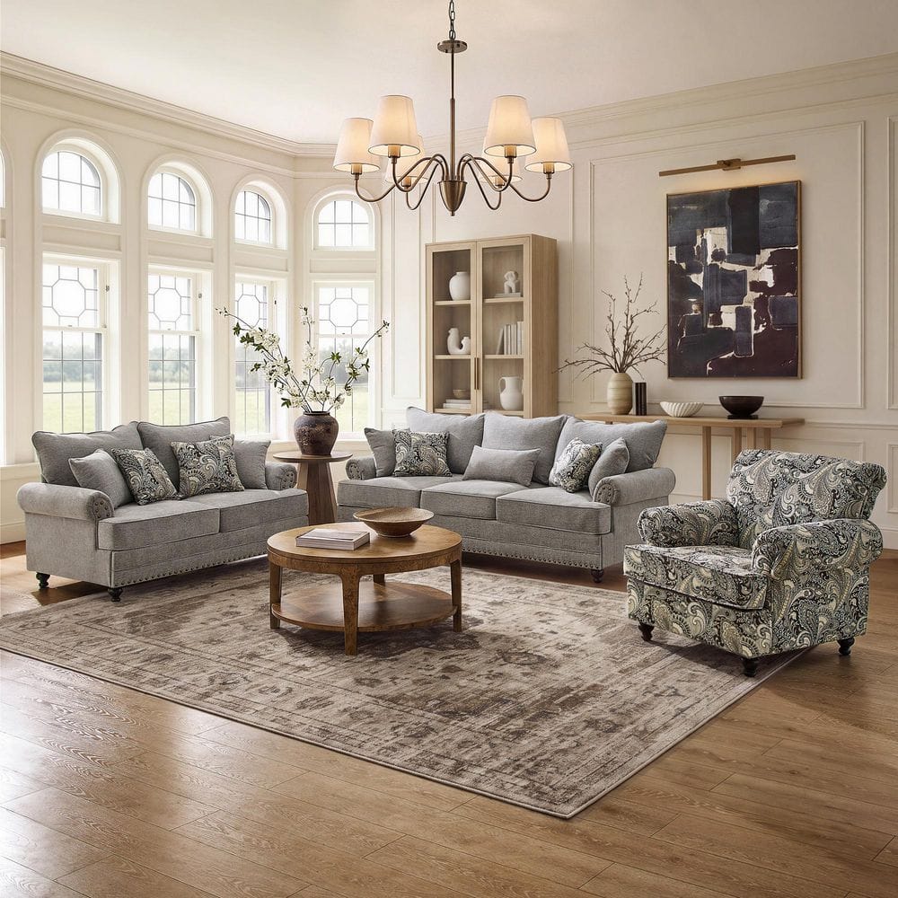 3-Pieces Modern Farmhouse Rolled Arm Couch Set Gray Chenille Sofa Loveseat and Armchair with Nail head Living Room Set