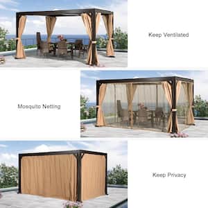 10 ft. x 13 ft. Bronze Louvered Pergola with Adjustable Aluminum Shed Roof Patio Gazebo with Netting and Curtains