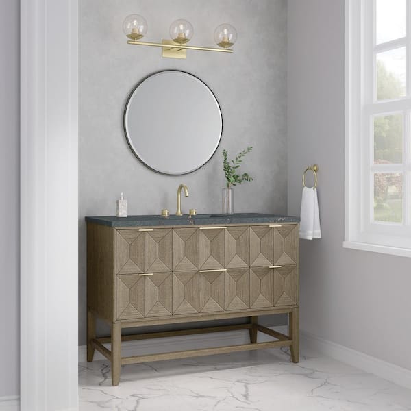 James Martin Vanities Emmeline 48.0 in. W x 23.5 in. D x 36 in. H Single Bathroom Vanity Pebble Oak and Parisien Bleu Quartz Top