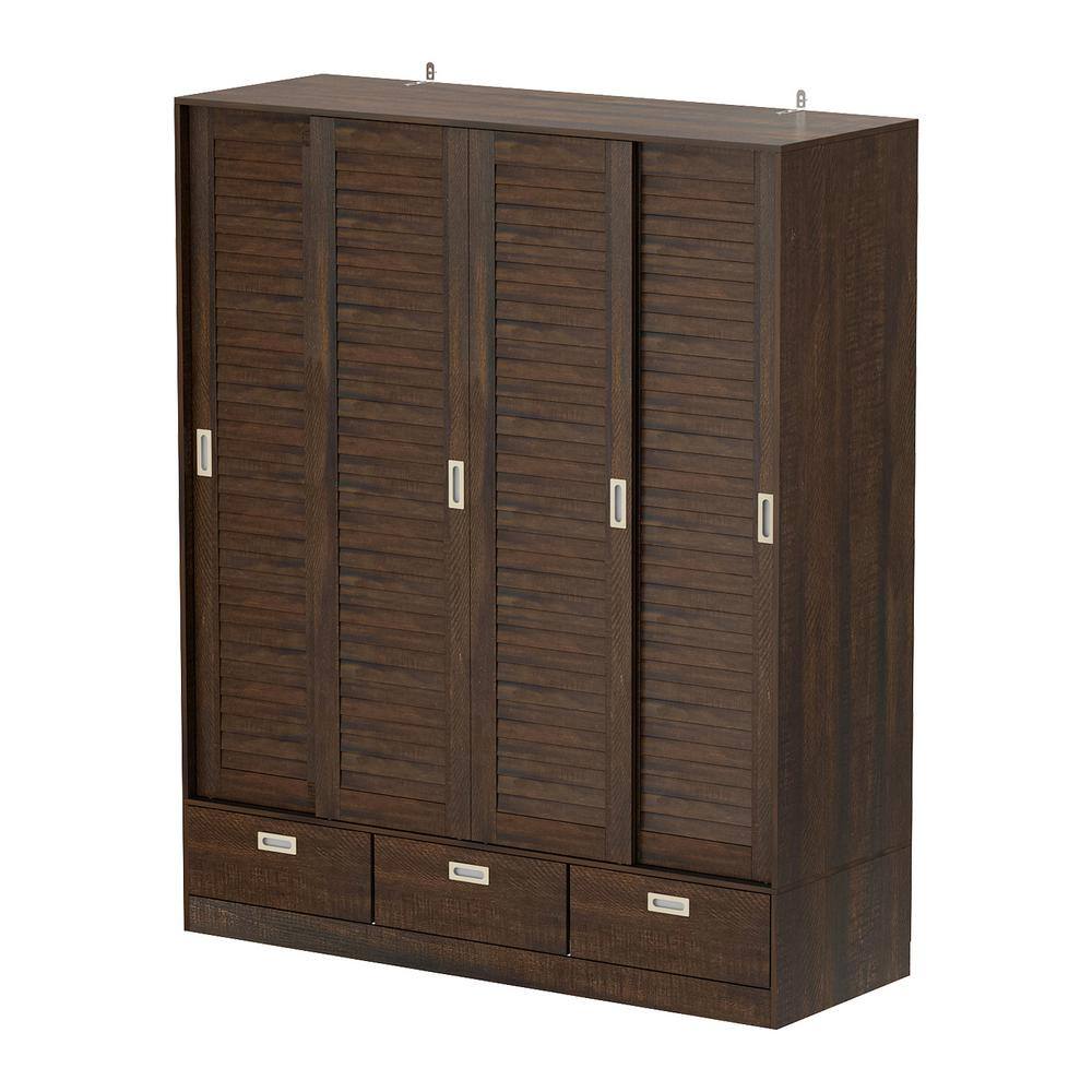 FUFU&GAGA Dark Brown Wood 59.1 in. W 4Door Big Wardwore Armoires With 4 Sliding Doors, Hanging