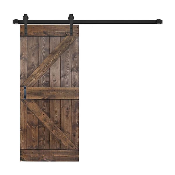ISLIFE K Style 36 in. x 84 in. Dark Walnut Finished Soild Wood Sliding Barn Door with Hardware Kit - Assembly Needed