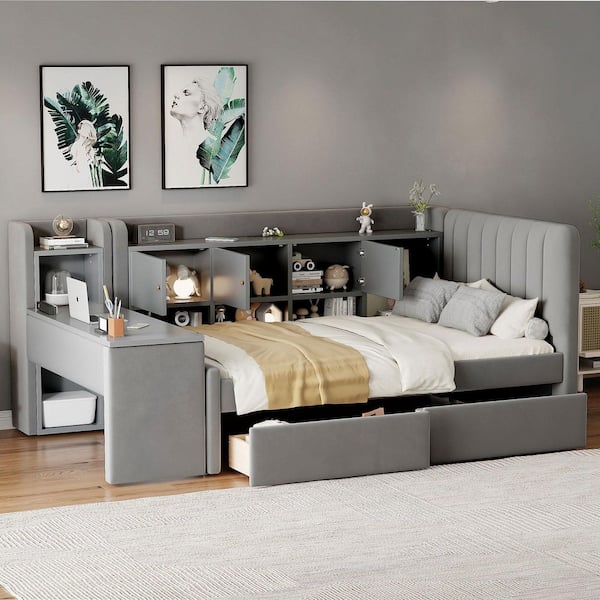 Polibi Gray Twin Size Daybed with Drawers, Shelves, Flip Cabinets and Side Table