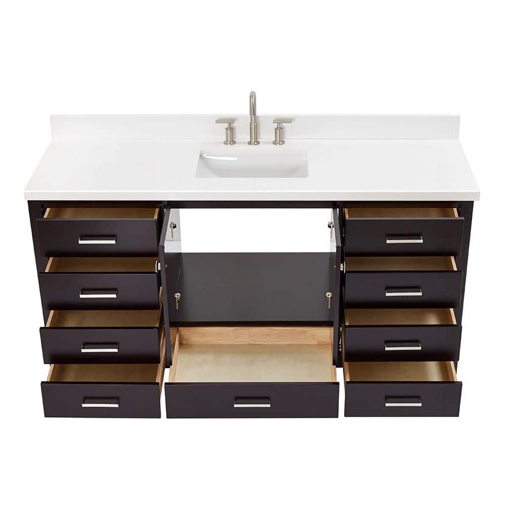 Espresso Solid Wood Freestanding Single Basin Vanity with Quartz Top
