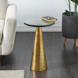 14 in. Gold Cone Geometric Large Round Glass End Table with Textured Glass Tabletop