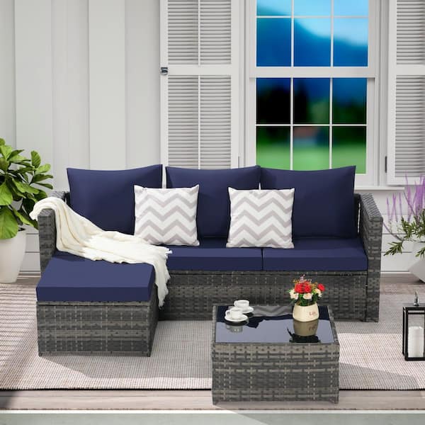 3-Piece Unique L-Shaped Wicker Outdoor Sectional Set with Ottoman and Detachable Lounger Table in Dark Blue Cushions