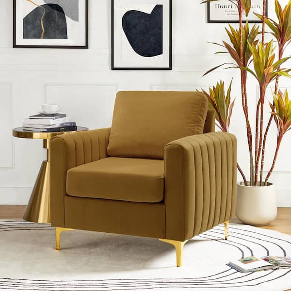 Ennomus Golden Velvet Cushion Back Club Chair Arm Chair with Golden Metal Legs and Track Arms