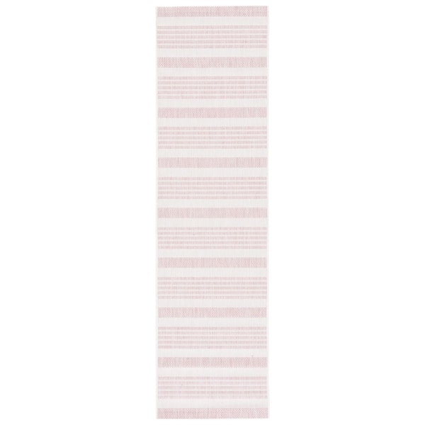 Courtyard Ivory/Soft Pink 2 ft. x 8 ft. Geometric Striped Indoor/Outdoor Runner Rug