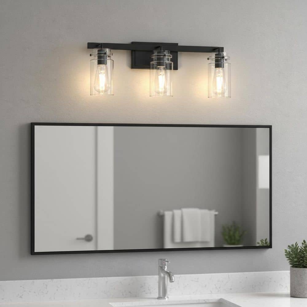 24 in. 3-Light Black Modern Cylinder Vanity Light, Clear Glass Bathroom Wall Fixture Over Mirror price history on PriceWatchPro