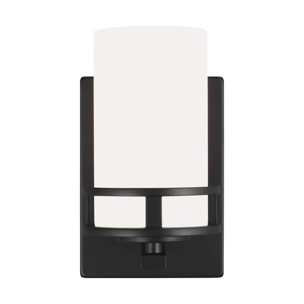 Midnight Black Etched White Glass Cylinder Wall Sconce 8" H