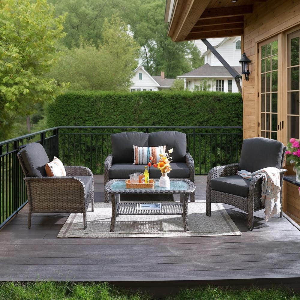 Tampa Gray 4-Piece Wicker Modern Outdoor Patio Conversation Sofa Loveseat Seating Set with Black Cushions price history on PriceWatchPro