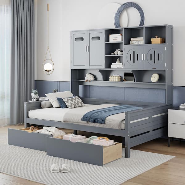 Gray Full Size Wood Daybed with 2 Drawers, All-in-One Cabinet, Storage Shelves