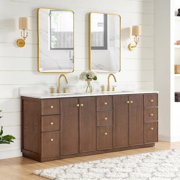 Oza 84 in. W x 22 in. D x 33.9 in. H Double Sink Bath Vanity in Dark Brown with White Quartz Stone Top and Mirror