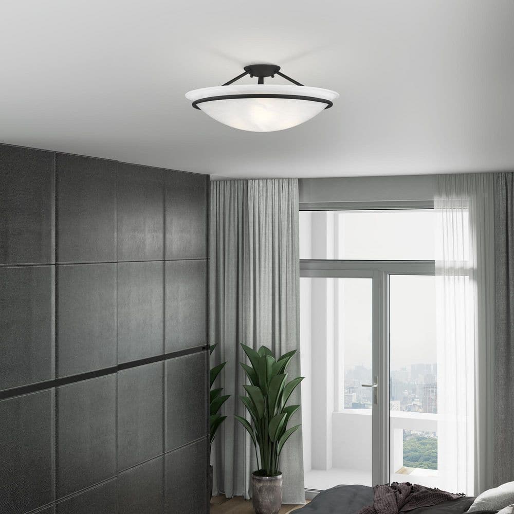 Elegant Alabaster Glass Bowl 3-Light Semi-Flush Mount in Black