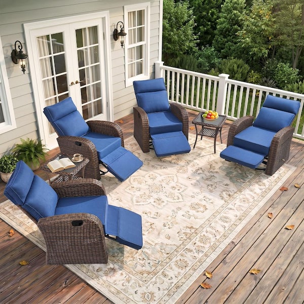 6-Piece PE Rattan Wicker Swivel Outdoor Recliner Lounge Chair Adjustable Backrest with Blue Cushions, Side Table
