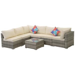 7-Piece Gray Wicker Outdoor Sectional Set with Beige Cushions and Coffee Table