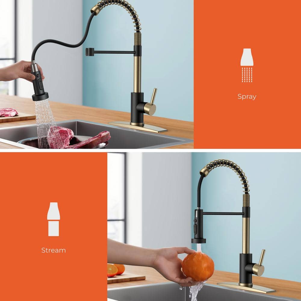 Black and Gold Stainless Steel High-Arc Kitchen Faucet with Pull-Out Spray
