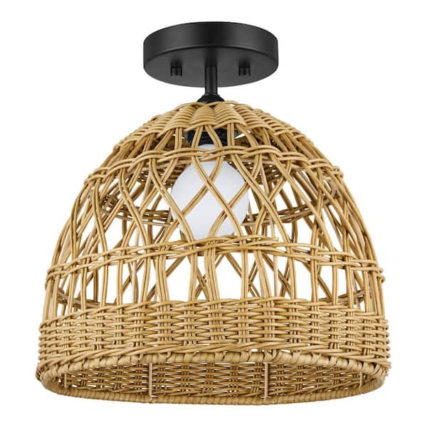 Woods Bay 1-Light Black Outdoor Semi-Flush Mount Light with Tan Resin Wicker Shade