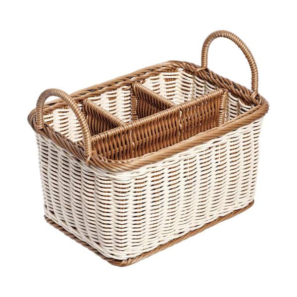 Rattan Look 4 Compartment PP Picnic Basket Organizer in Natural Color 9.52 x 7.28 x 6.88 Inch Hand Woven Storage Set