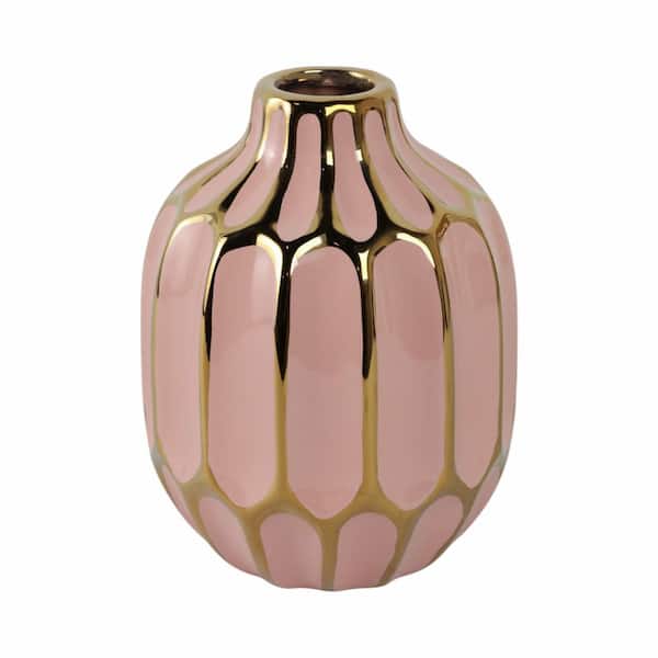 Liv & Skye 8 in. Pink/Gold Ceramic Bud Modern Decorative Vase