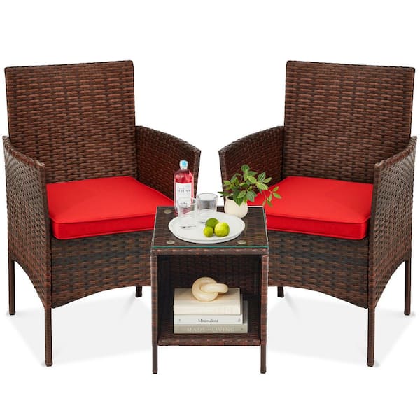 Unbranded Brown 3-Piece Wicker Outdoor Bistro Set with Red Cushion