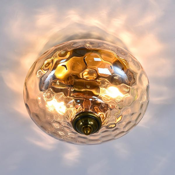 HUOKU Lumivt 2-Light 9.8 in.W Antique Brass Amber Hammered Glass