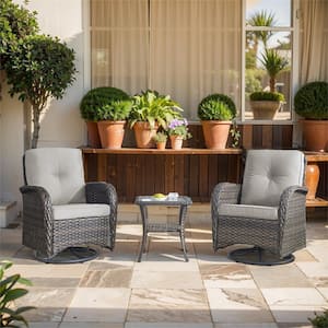 PlainCurve 3-Piece Brown Wicker Swivel Outdoor Rocking Chairs Patio Conversation Set with Olefin Gray Cushions