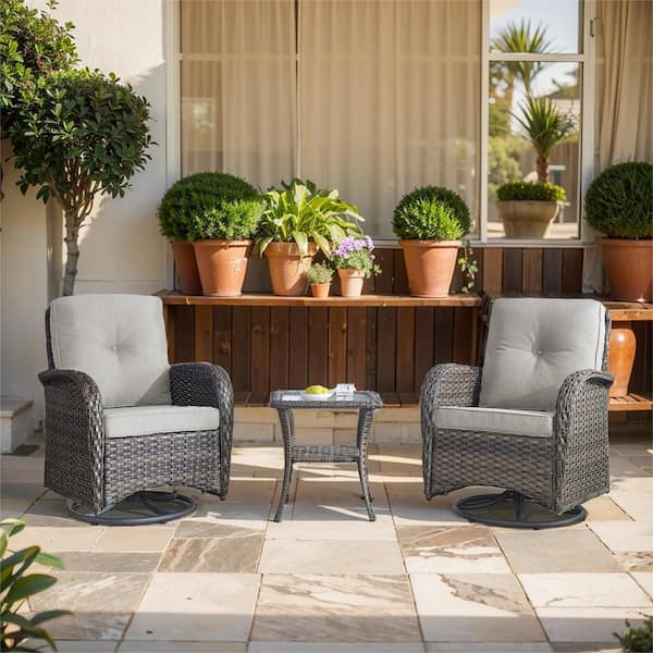 Opohoro PlainCurve 3-Piece Brown Wicker Swivel Outdoor Rocking Chairs Patio Conversation Set with Olefin Gray Cushions